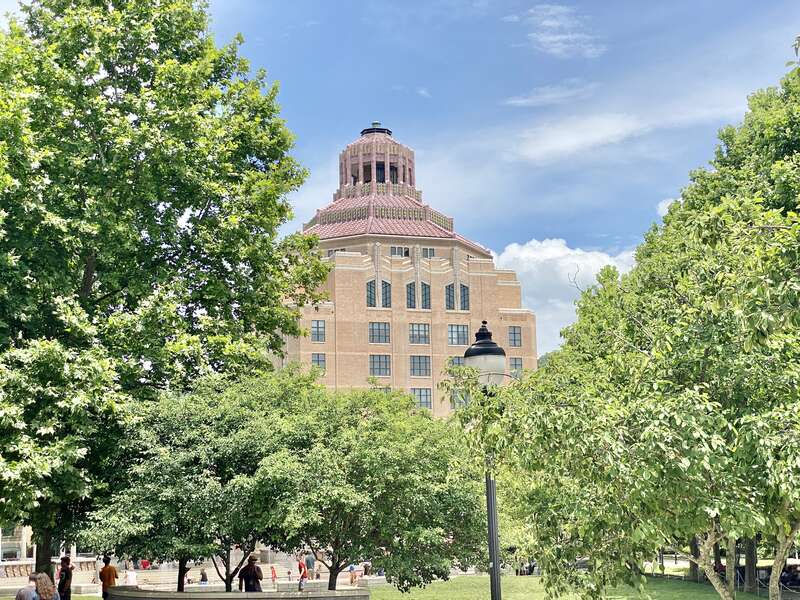 Built in 1926-1928, this Art Deco-style building was designed by Douglas Ellington to serve as the City Hall for Asheville, North Carolina, replacing a previous city hall, which stood from 1892 until 1928 where Reuter Terrace of Pack Square Park is