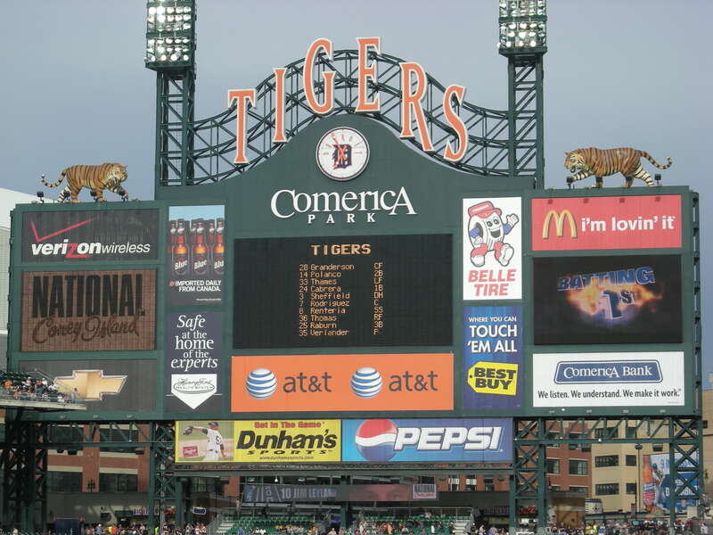 The leftfield scoreboard before the Cleveland Indians vs. Detroit Tigers baseball game at Comerica Park in Detroit, Michigan (United States).