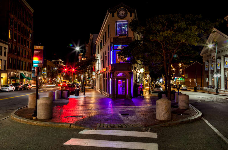 This historic 1890's building in Portland, ME, known as the upper HH Hay building, originally housed an apothecary; now it is home to a Starbuck's Coffee shop.  It is located at the intersection of Congress Street on the left and Free Street on the