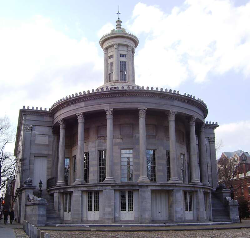 The Merchants' Exchange Building at the intersection of Walnut and S. Third Streets in the Old City neighborhood of Philadelphia, Pennsylvania was built in 1834 and was designed by William Strickland in the Greek revival style.  The oldest stock