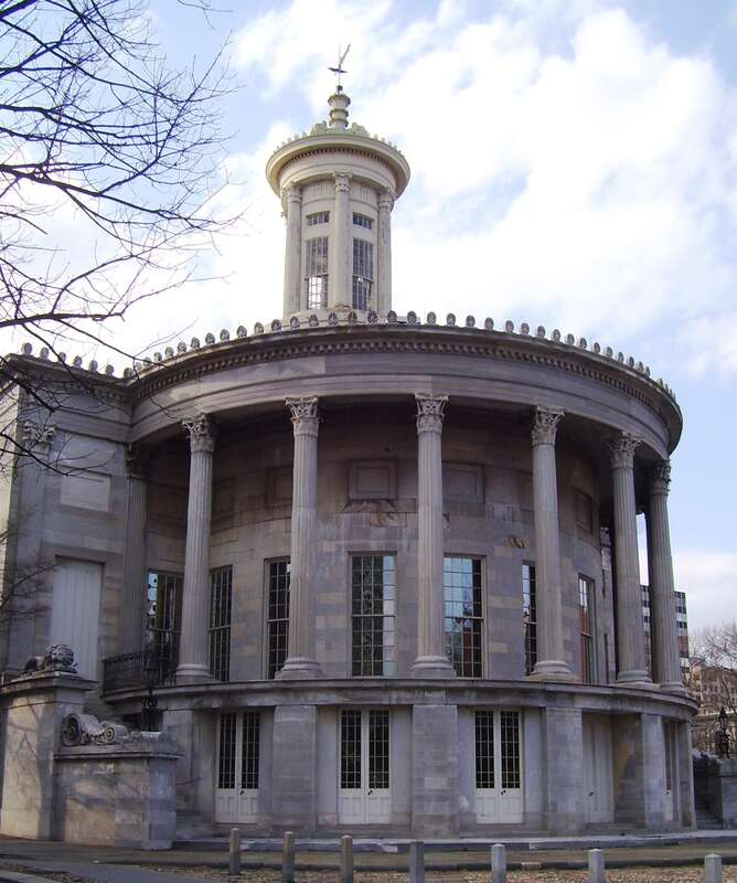The Merchants' Exchange Building at the intersection of Walnut and S. Third Streets in the Old City neighborhood of Philadelphia, Pennsylvania was built in 1834 and was designed by William Strickland in the Greek revival style.  The oldest stock