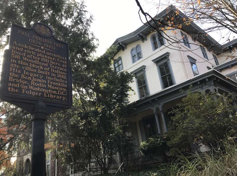 Pennsylvania Historical and Museum Commission (PHMC) marker at 516 Woodland Terrace, Philadelphia, the former home of French-born Philadelphia architect Paul Philippe Cret. Cret, who was a professor of architecture at the University of Pennsylvania