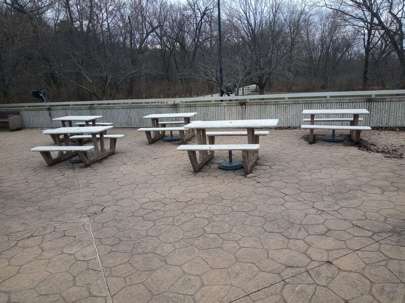 Picnic tables at the Starved Rock State Park visitor's center in Illinois.