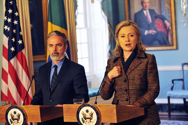 U.S. Secretary of State Hillary Rodham Clinton holds a joint press conference with Brazilian Foreign Minister Antonio Patriota at the U.S. Department of State in Washington, D.C., on February 23, 2011. [State Department photo/ Public Domain]