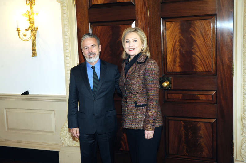 U.S. Secretary of State Hillary Rodham Clinton poses for a photo with Brazilian Foreign Minister Antonio Patriota at the U.S. Department of State in Washington, D.C., on February 23, 2011. [State Department photo/ Public Domain]