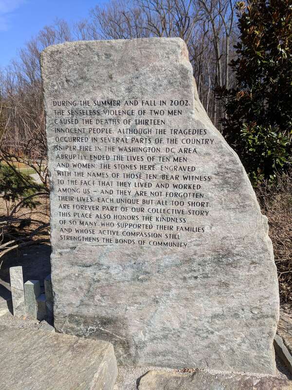 Sniper Memorial at the Brookside Gardens in Wheaton, Montgomery County, Maryland.