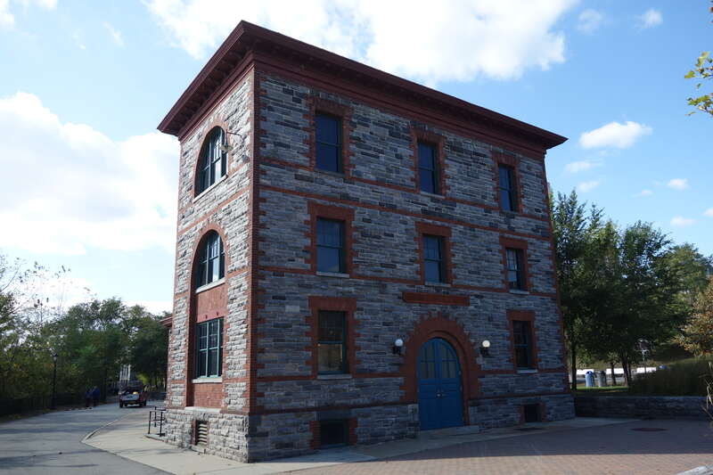 The Strecker Memorial Laboratory at the east side of Southpoint Park, at East Road south of South Loop Road at approximately Manhattan 53rd Street in the southern half of Roosevelt Island, Manhattan. Originally constructed in 1892, the building has