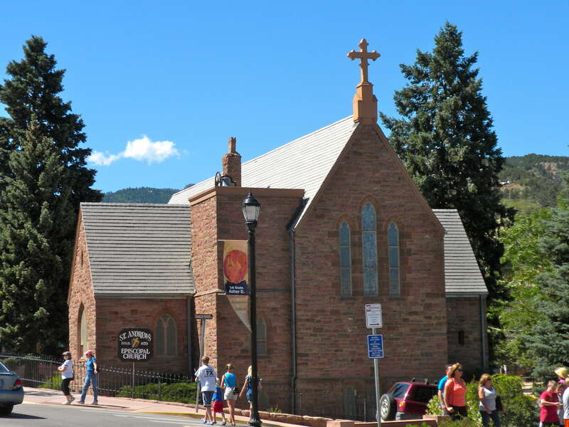 St. Andrew Episcopal Church, in the Manitou Springs Historic District, which has been on the NRHP since October 7, 1983.  The HD is roughly bounded by El Paso Boulevard, Ruxton Ave., U.S. Route 24, and Iron Mt. Ave.	Manitou Springs, Colorado




This