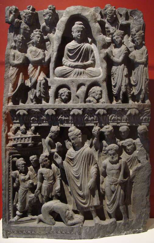 Relief with Buddha Śākyamuni Meditating in the Indrashala Cave (top) and Buddha Dipankara (bottom), Gandharan region, Kushan period, 2nd-3rd century, Art Institute of Chicago, James and Marilynn Alsdorf Collection, 180.1997