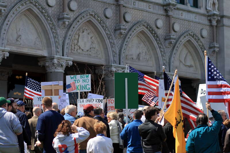 Tea Party protest at the Connecticut State Capitol in Hartford, Connecticut.  The protest was scheduled for noon until 2pm local time; the timestamp of the photo is Coordinated Universal Time (UTC).  Organizers reported that the police estimate of
