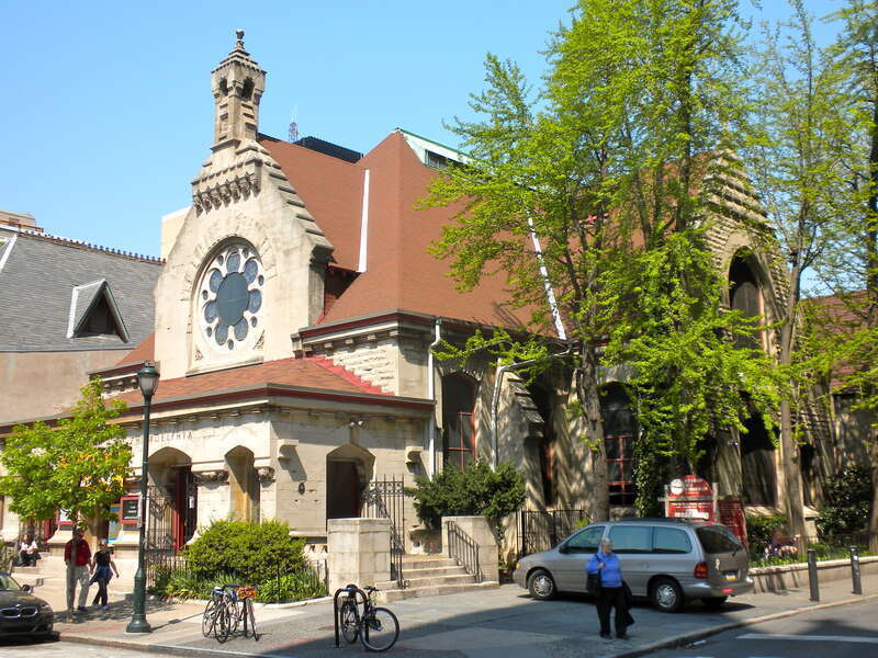 First Unitarian Church in Philadelphia.  On NRHP since May 27, 1971. At 2121 Chestnut Street in Rittenhouse Square West neighborhood, Frank Furness, architect (1883-86)