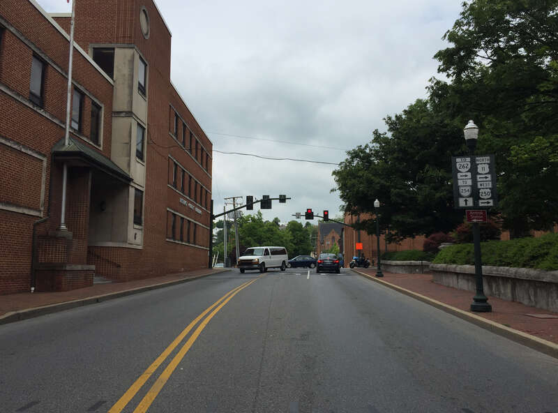 View west along Johnson Street (U.S. Route 250 westbound, U.S. Route 11 Business northbound, Virginia State Route 254 westbound) between New Street and Augusta Street in Staunton, Virginia