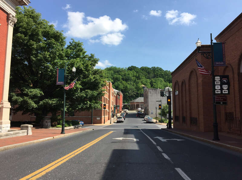 View south along U.S. Route 11 Business and east along U.S. Route 250 and Virginia State Route 254 (Augusta Street) near Barristers Row in Staunton, Virginia