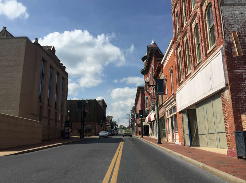 View north along U.S. Route 11 Business and west along U.S. Route 250 and Virginia State Route 254 (Augusta Street) near Barristers Row in Staunton, Virginia