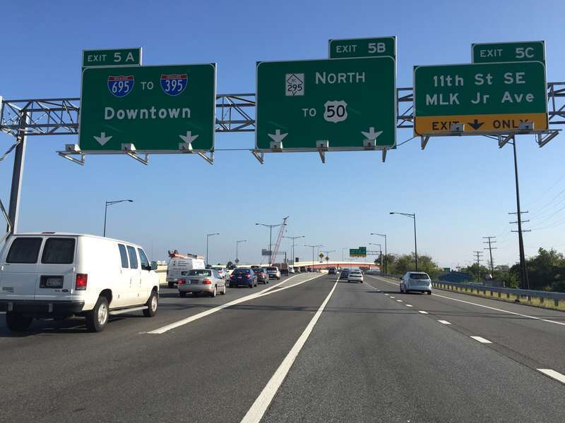 View north along Interstate 295 (Anacostia Freeway) at Exit 5A (Interstate 695 to Interstate 395, Downtown) in Washington, D.C.