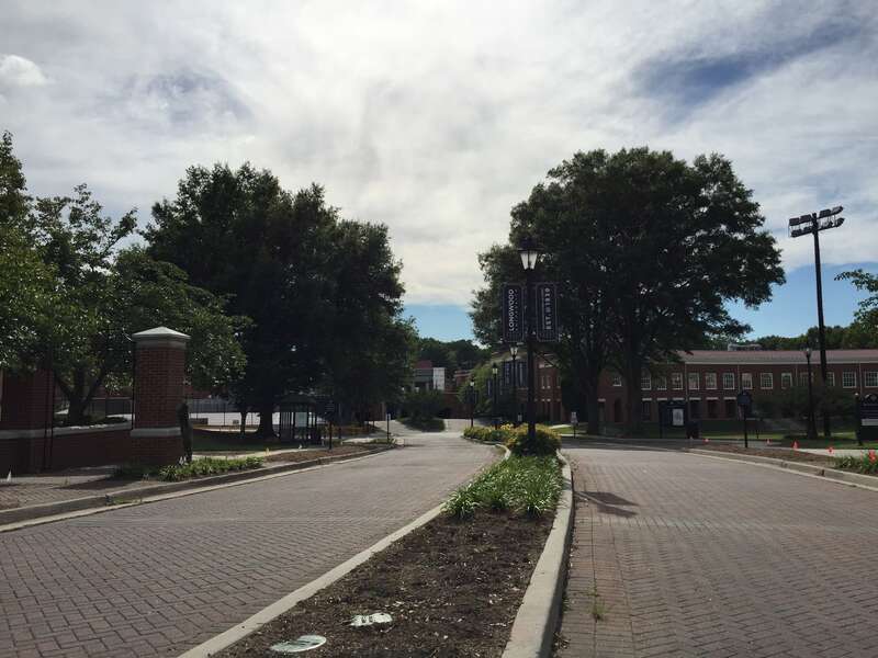 View west along Virginia State Route 328 (Redford Street) at U.S. Route 15 Business (Main Street) at Longwood University in Farmville, Prince Edward County, Virginia