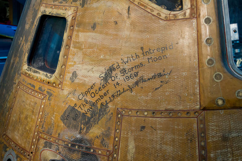 The Apollo 12 spacecraft, with the signatures of the crew, at the Virginia Air and Space Center in March 2018.