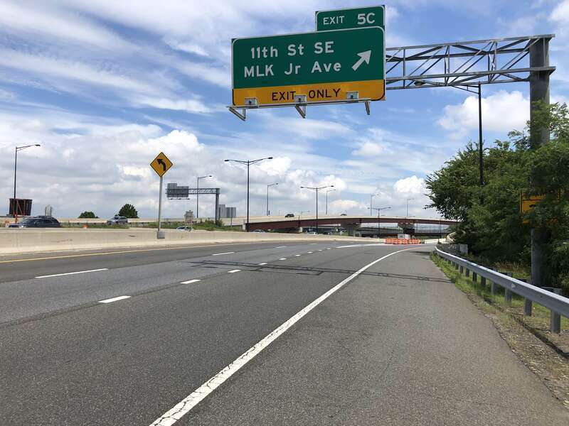 View north along Interstate 295 (Anacostia Freeway) at Exit 5C (11th Street SE, Martin Luther King Junior Avenue) in Washington, D.C.