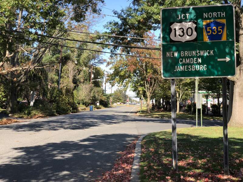 View north along Middlesex County Route 535 (Maplewood Avenue) at Half Acre Road in Cranbury Township, Middlesex County, New Jersey