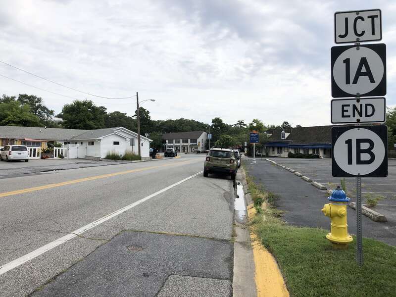 View south along Delaware State Route 1B (State Road) just north of Delaware State Route 1A (Rehoboth Avenue) in Rehoboth Beach, Sussex County, Delaware