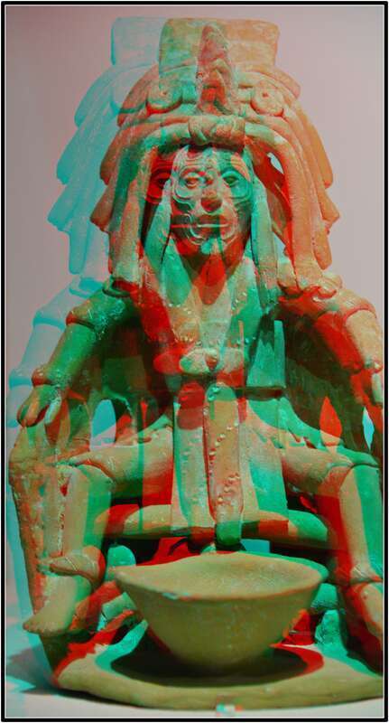 Anaglyph- Red/Cyan glasses needed-Blood collecting bowl. Males pierced their penis and females their tongue with a stingray spine.Denver Museum of Nature and Science.