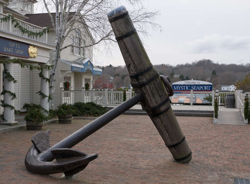 Anchor being displayed near the entry of the Mystic Seaport in Mystic, Connecticut, in the USA.