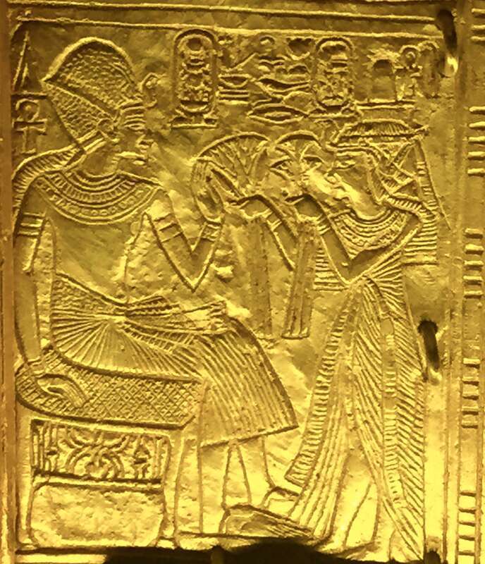 Scene from gilded shrine of Tutankhamen showing him and his wife Queen Ankhesenamun