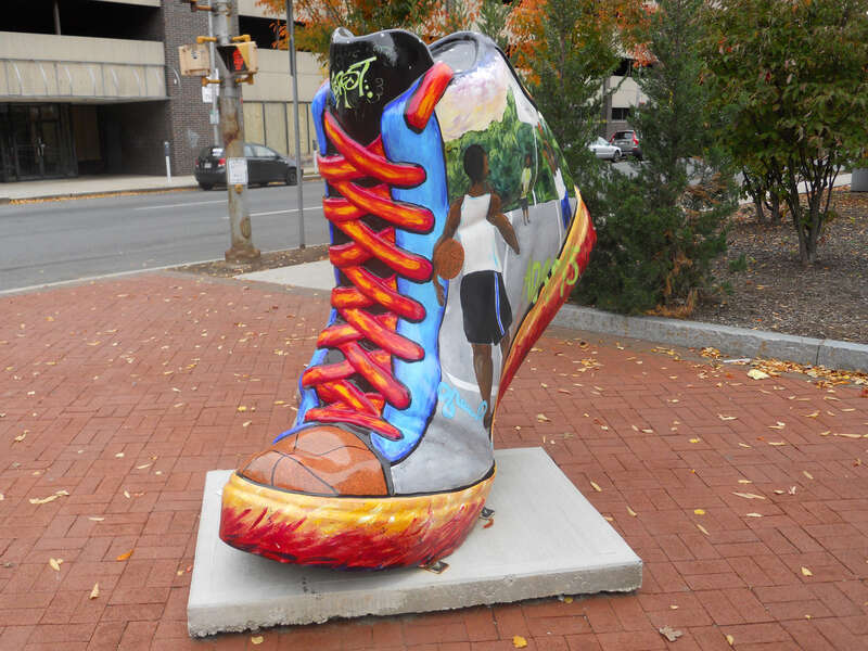 &quot;City Courts&quot; basketball shoe art © 2010 Phoebe Siter, example of the Springfield, Massachusetts &quot;Art &amp;amp; Soles&quot; urban public art initiative of 2010. Nineteen painted basketball shoes were displayed in public spaces in Springfield to draw attention
