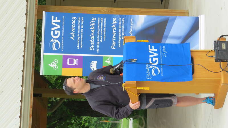 Chairman of the Montgomery County Board of Commissioners Josh Shapiro speaking at the Bike to Work Day event at Valley Forge National Historical Park.