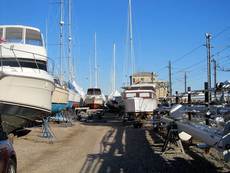 Boatyard on the former alignment of the Mystic River Railroad Bridge, photographed in December 2017