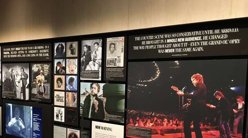 A display wall on the second floor of the Bob Dylan Center.  This particular segment focuses on the 'New Morning' period of the early 1970s, covering up unto the 1974 tour with The Band.