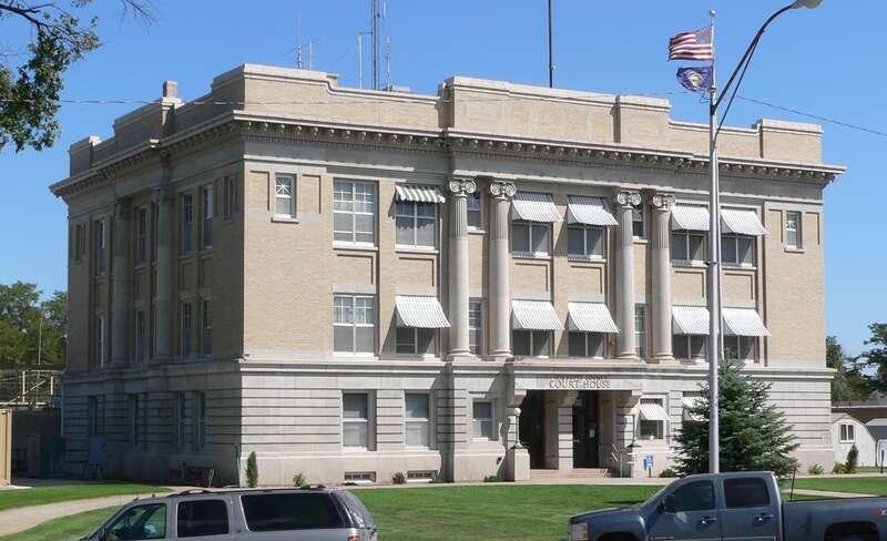 Box Butte County Courthouse on east side of Box Butte Avenue between 5th and 6th Streets in Alliance, Nebraska; seen from the northwest.  The cornerstone of the Beaux-Arts building was laid in 1913.  The courthouse is listed in the National Register