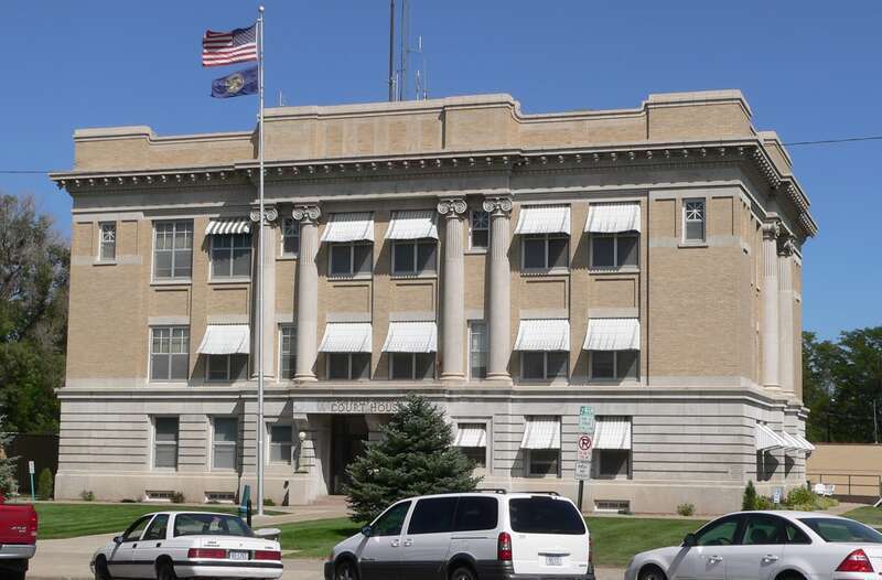 Box Butte County Courthouse on east side of Box Butte Avenue between 5th and 6th Streets in Alliance, Nebraska; seen from the southwest.  The cornerstone of the Beaux-Arts building was laid in 1913.  The courthouse is listed in the National Register