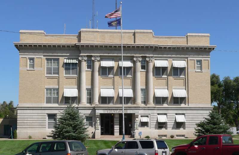 Box Butte County Courthouse on east side of Box Butte Avenue between 5th and 6th Streets in Alliance, Nebraska; seen from the west.  The cornerstone of the Beaux-Arts building was laid in 1913.  The courthouse is listed in the National Register of