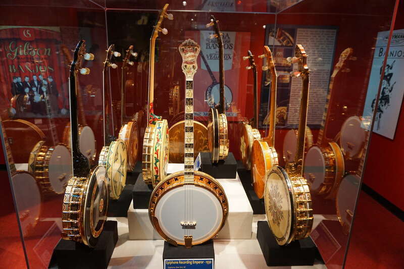 Banjos on display at the American Banjo Museum in the Bricktown district of Oklahoma City, Oklahoma (United States).