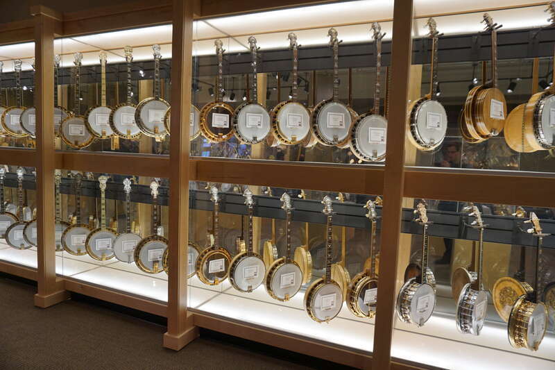 Banjos on display at the American Banjo Museum in the Bricktown district of Oklahoma City, Oklahoma (United States).