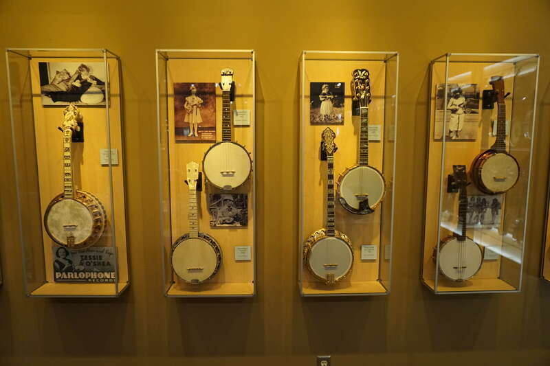 Banjo ukuleles on display at the American Banjo Museum in the Bricktown district of Oklahoma City, Oklahoma (United States).