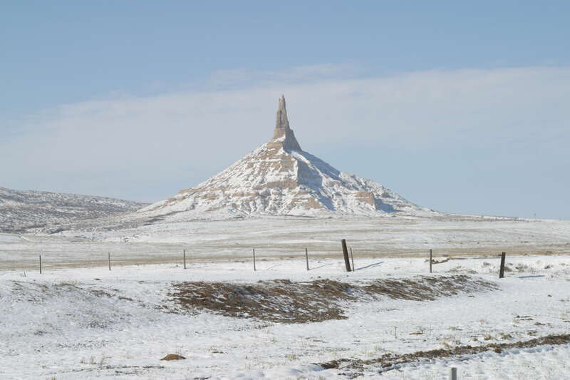 Photo of Chimney Rock during Nebraska winter of 2002.