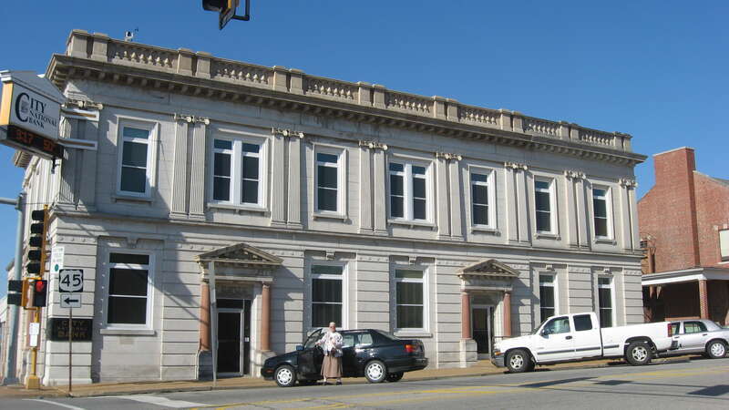 Front of the City National Bank, located on the southwestern corner of Fifth and Ferry Streets in Metropolis, Illinois, United States.