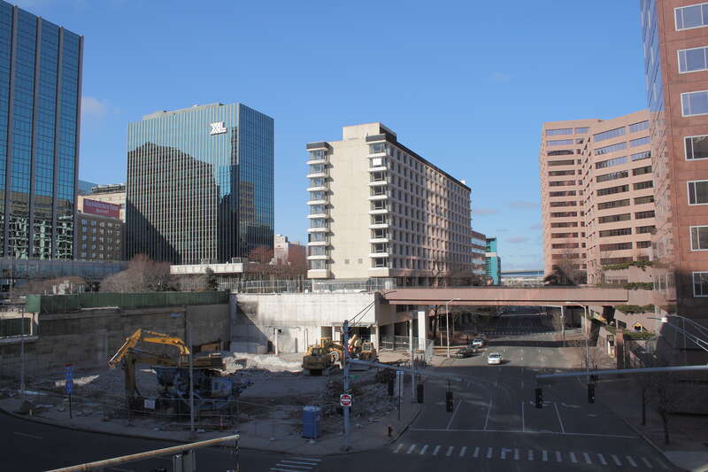 he former Clarion Hotel building and its surroundings in Hartford, Connecticut, with the recently-demolished Broadcast House site in the foreground
