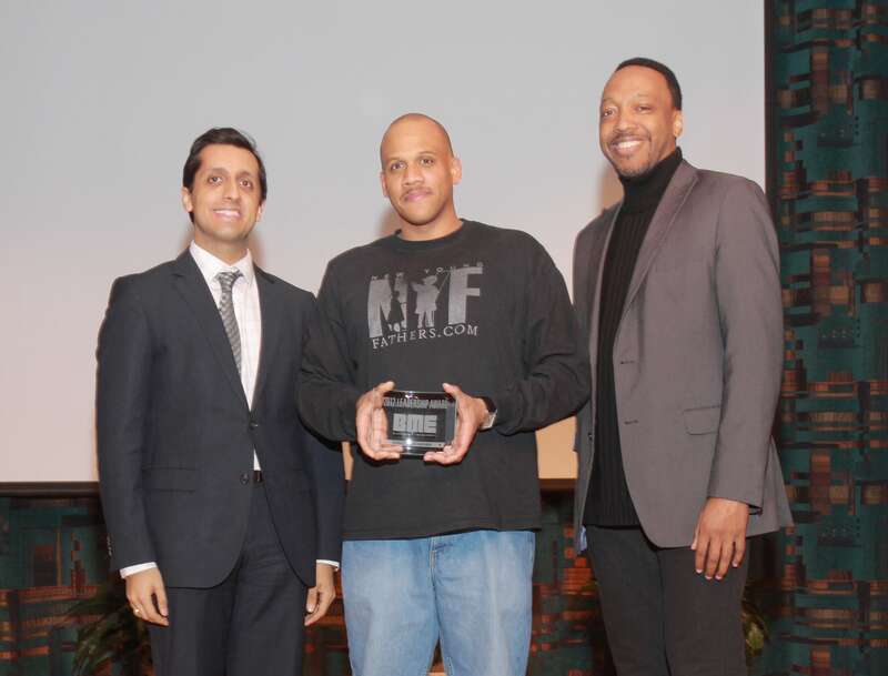(l,r) Knight's Rishi Jaitly, award winner Andre Dandridge and Knight's Trabian Shorters