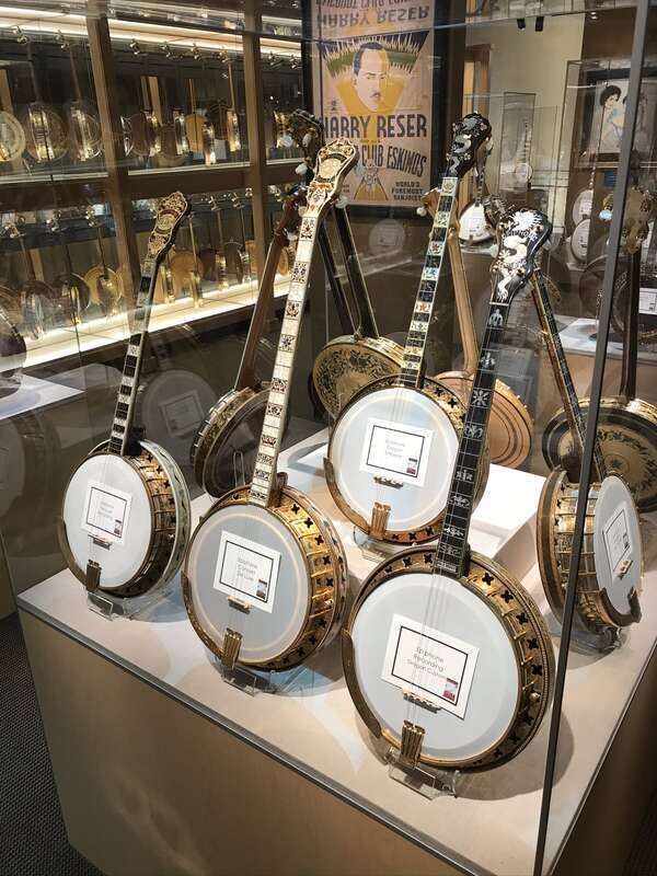 Epiphany Jazz Age banjos at the American Banjo Museum, Including “Recording” tenor banjo, “Concert Deluxe” plectrum banjo, “Dragon Emperor” tenor banjo, “Recording Dragon Custom” tenor banjo