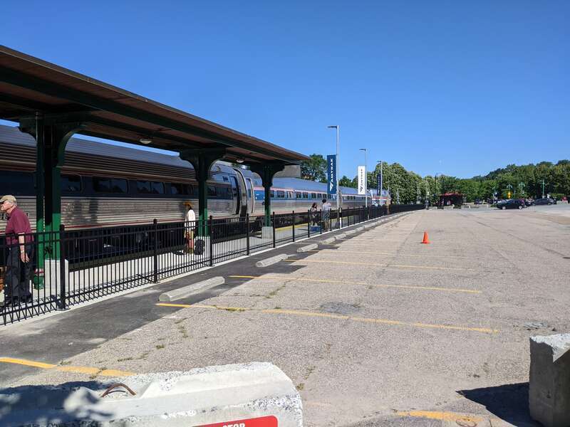 The Ethan Allen Express arrives from the Vermont Railway yard into Burlington Union Station (before beginning its southbound trip) in July 2022