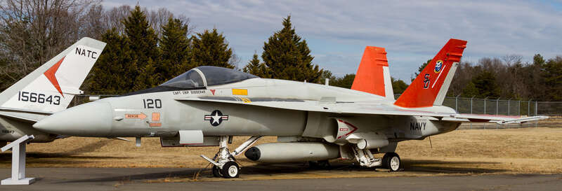A McDonnell Douglas F/A-18A Hornet on display at the Patuxent River Naval Air Museum. This aircraft, Bureau Number 161353, was received by the Navy in June 1981, and was first a part of the VFA-125 training squadron.  It was transferred to the Naval