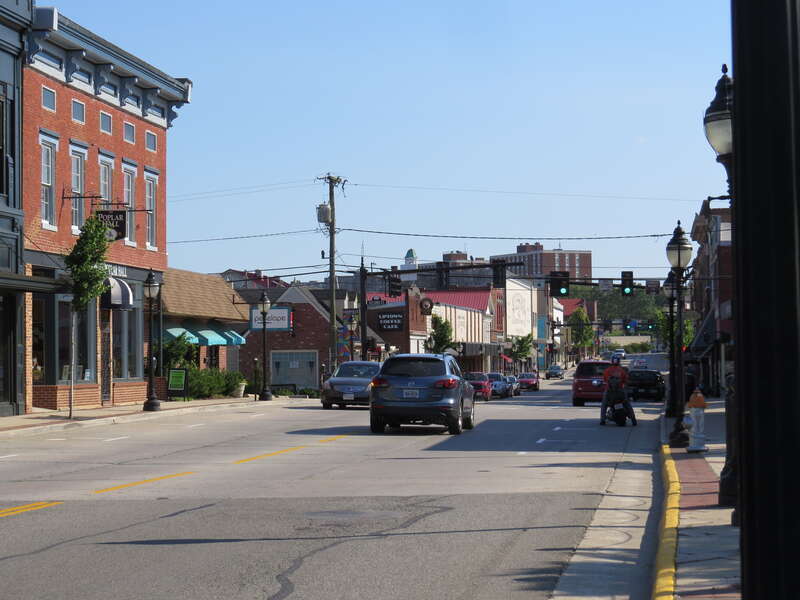 Downtown Farmville, Virginia in June 2017, looking south at the intersection of Main Street and High Bridge Trail State Park.