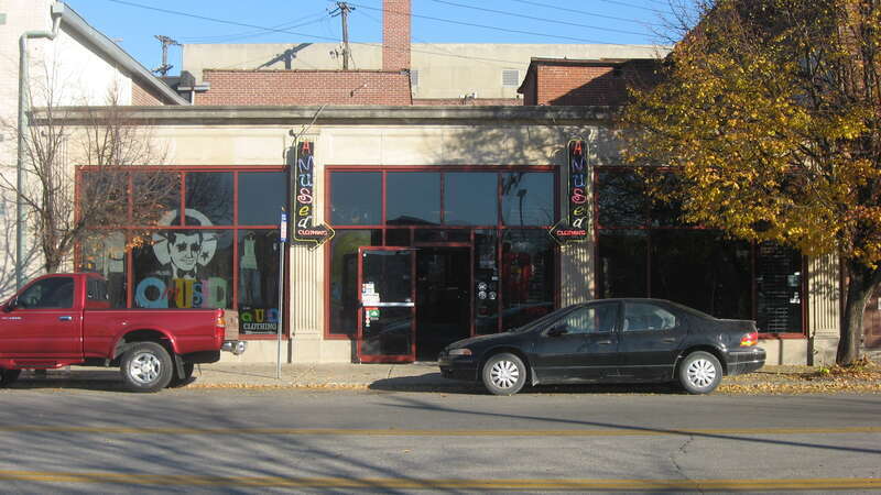 Front of the Hare Motor Sales Building, located at 212 W. Fourth Street in downtown Bloomington, Indiana, United States.  Built in 1929 as a car dealership and since converted into a clothing store, it is part of the Courthouse Square Historic