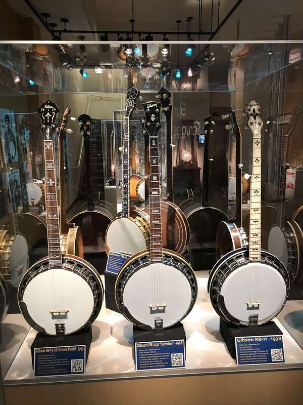 Gibson banjos RB-75 (1997), RB-250 (1968), RB-11 (1938) at the American Banjo Museum