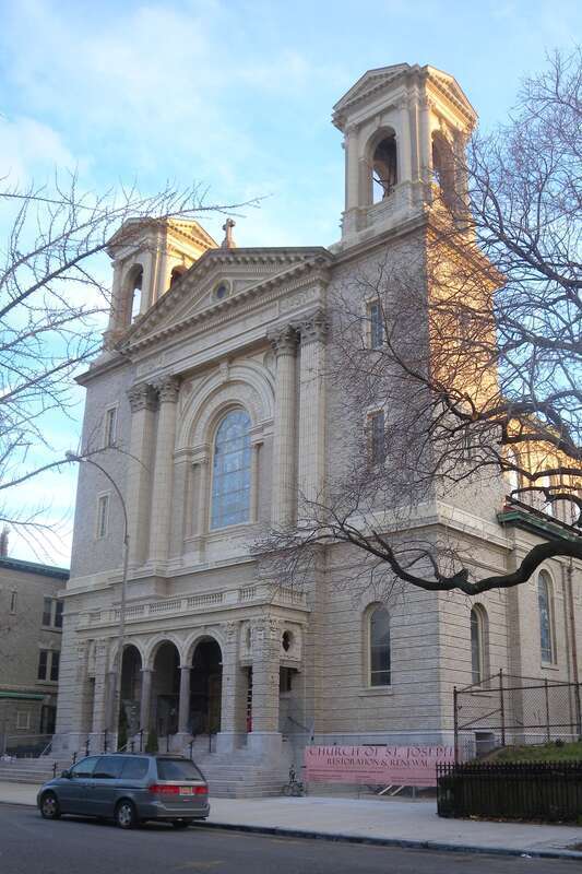 Looking southeast across Pacific Street at St Josephs Church on a mostly cloudy afternoon. Was named co-cathedral in February 2013.CBS News, 3 March 2013