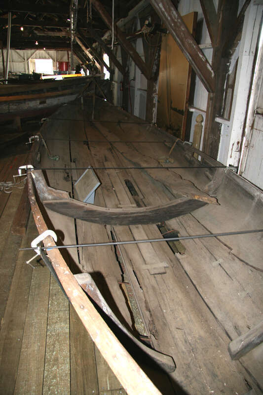 Interior of a Chesapeake Bay log canoe at the Chesapeake Bay Maritime Museum small boat shed, Saint Michaels, Maryland