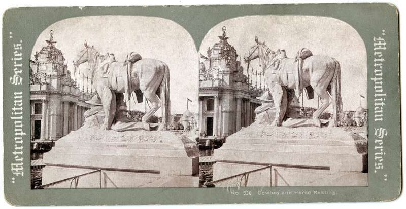 &quot;Cowboy and Horse Resting&quot;, a statue at the Grand Basin of the Louisiana Purchase Exposition. Scanned from an old stereoscope card.
NOTE: From a set of public domain images collected by Rob Ketcherside. He applied a CC license on Flickr because